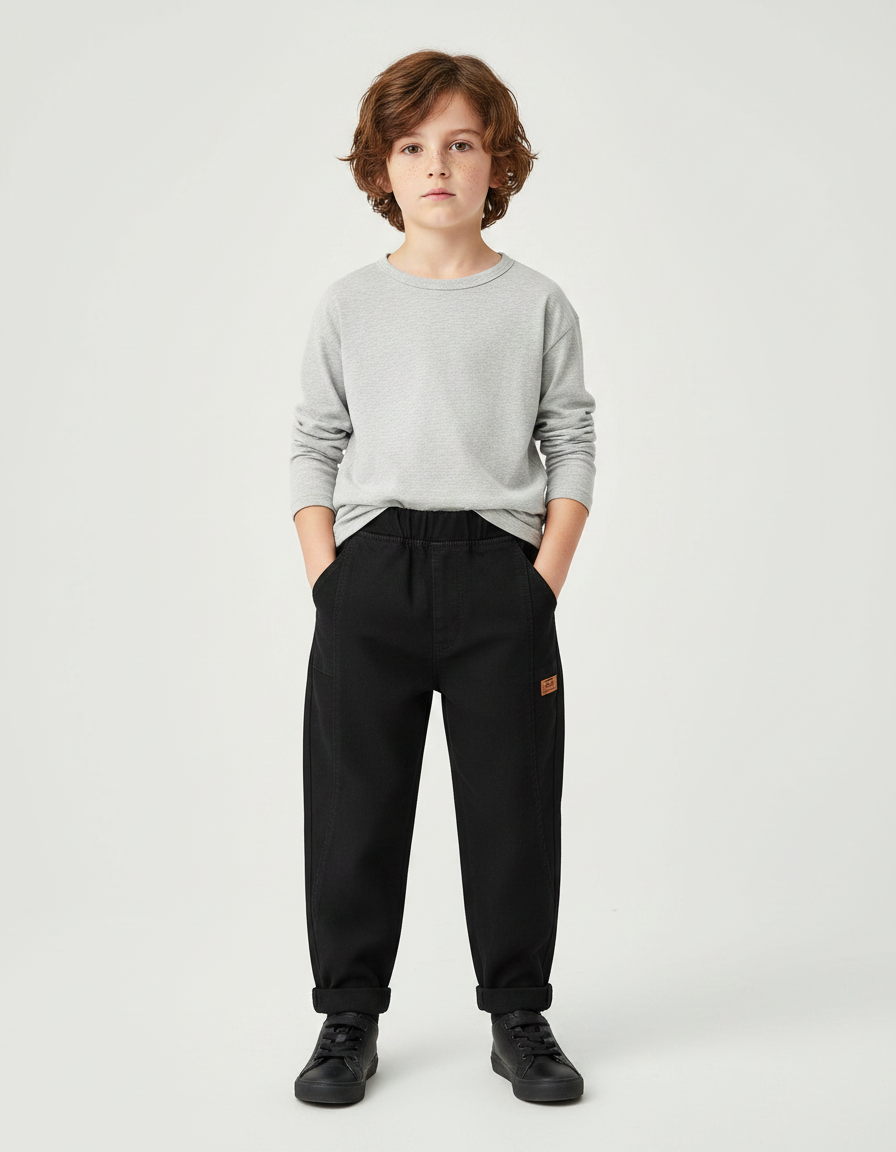 Pantalon Noir Coton Ample Décontracté Garçon