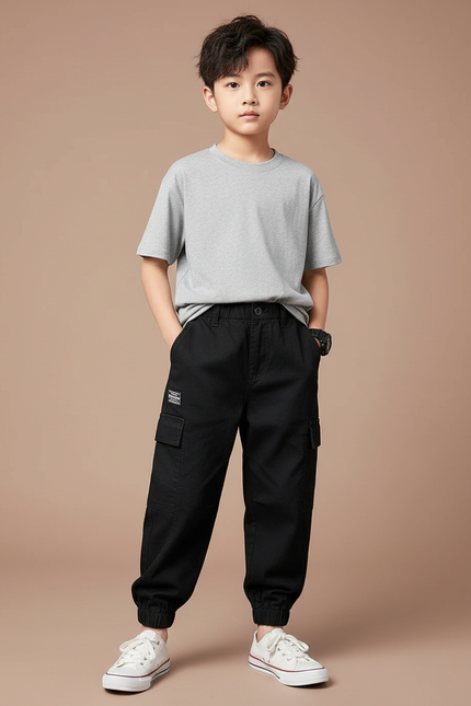 Pantalon Noir Cargo Coton Décontracté Garçon