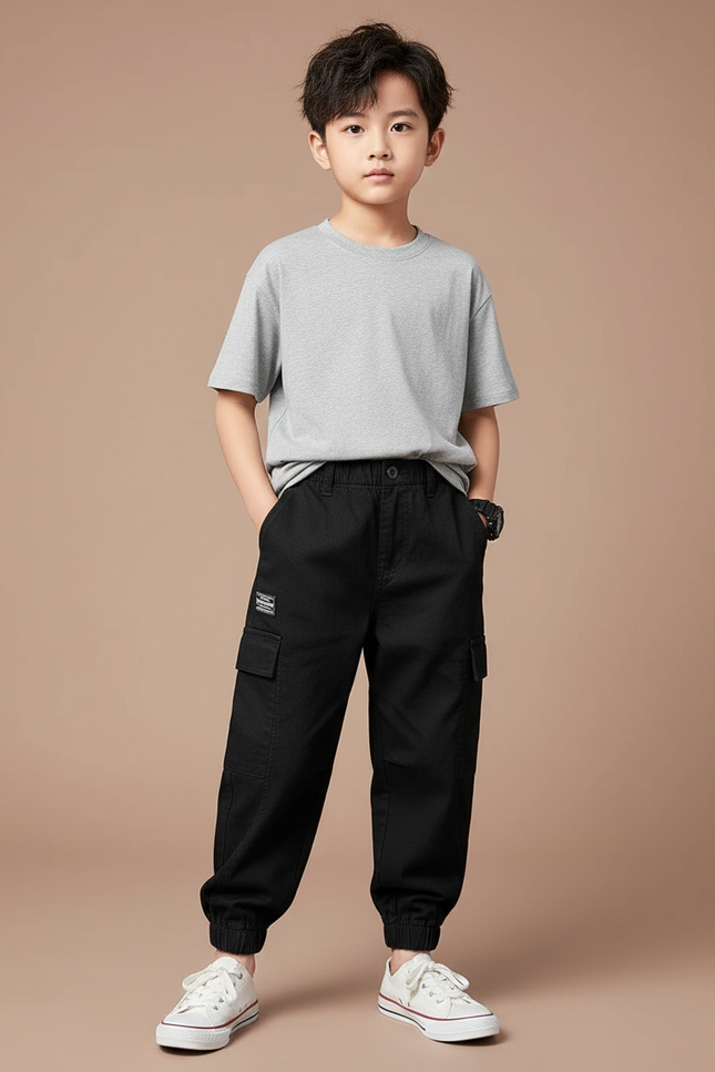 Pantalon Noir Cargo Coton Décontracté Garçon