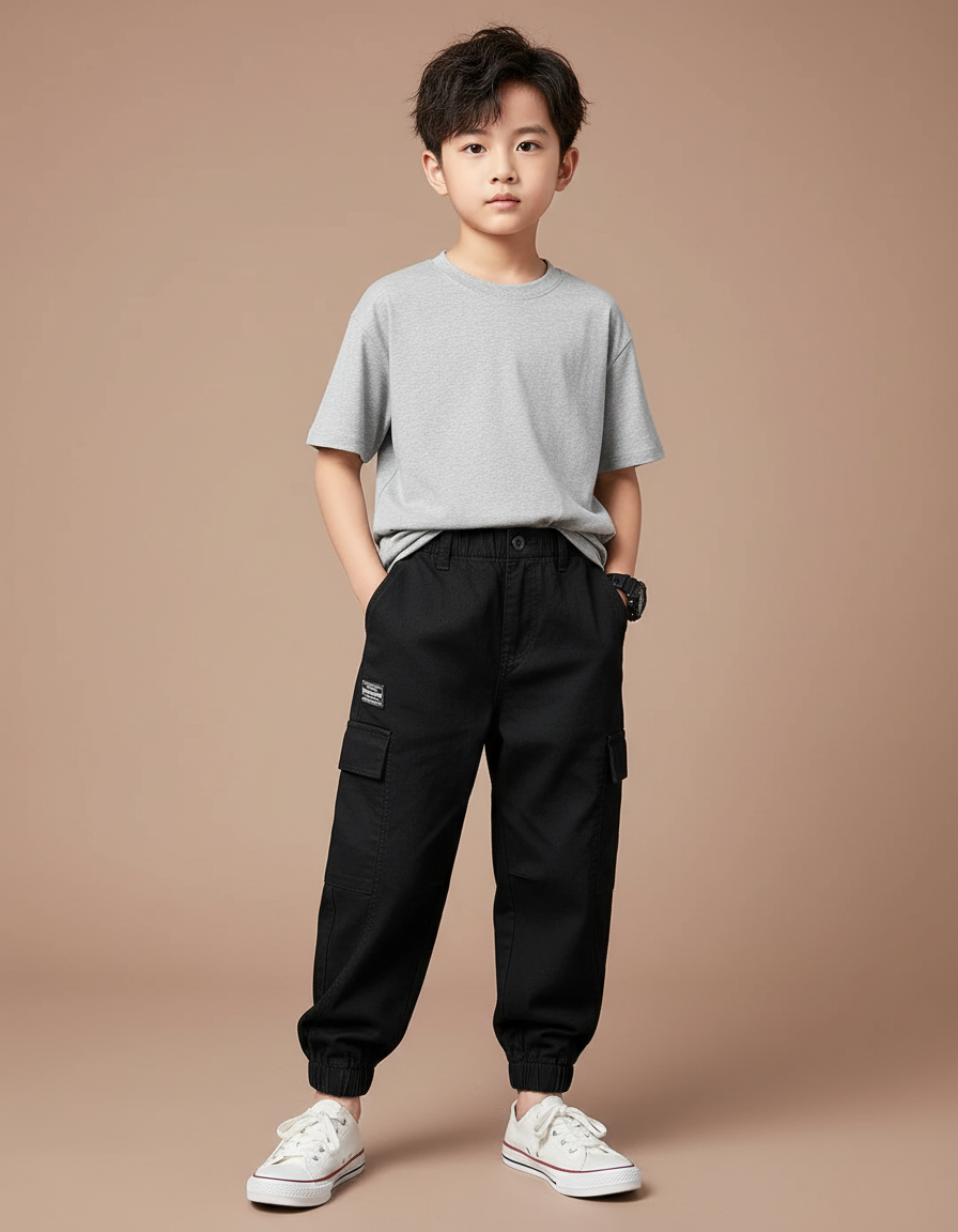 Pantalon Noir Cargo Coton Décontracté Garçon
