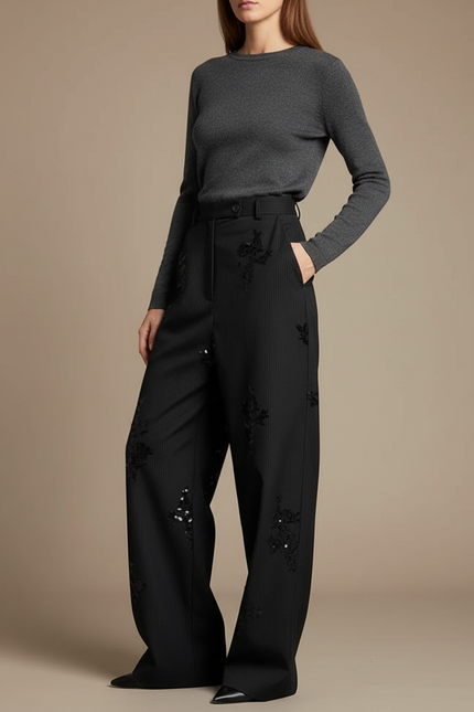 Pantalon Noir Large Pinstripe Brodé Paillettes Élégant - Laine