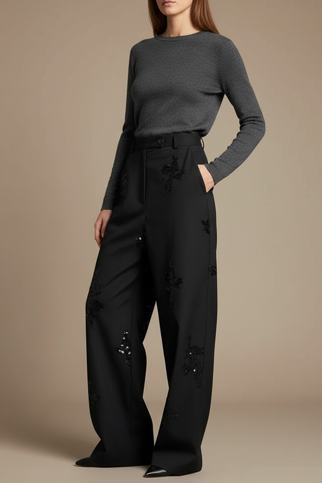 Pantalon Noir Large Pinstripe Brodé Paillettes Élégant - Laine