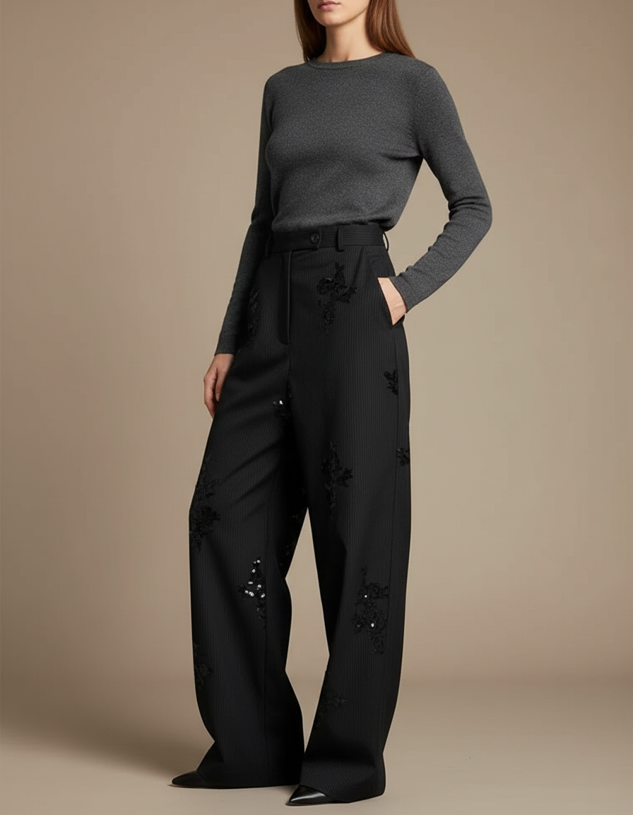 Pantalon Noir Large Pinstripe Brodé Paillettes Élégant - Laine