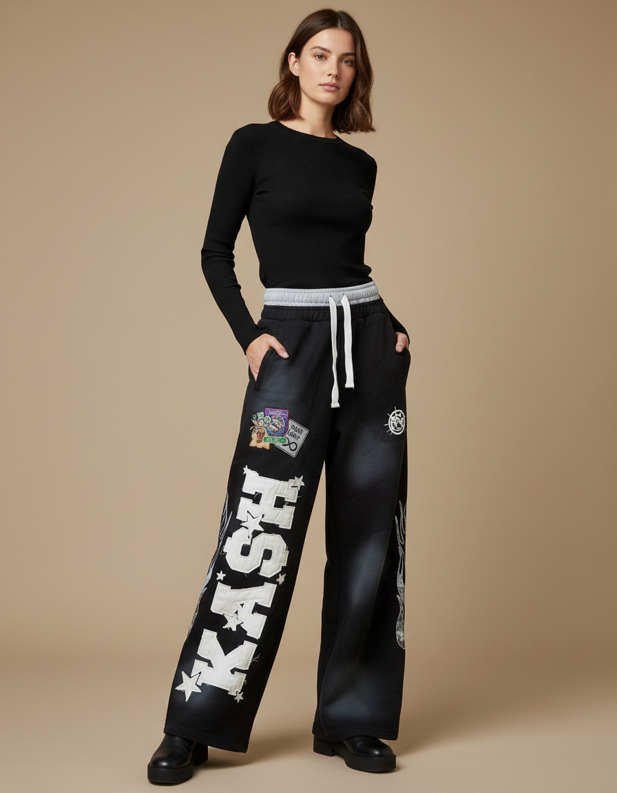 Pantalon Noir Large Imprimé Décontracté Streetwear Femme - Molleton