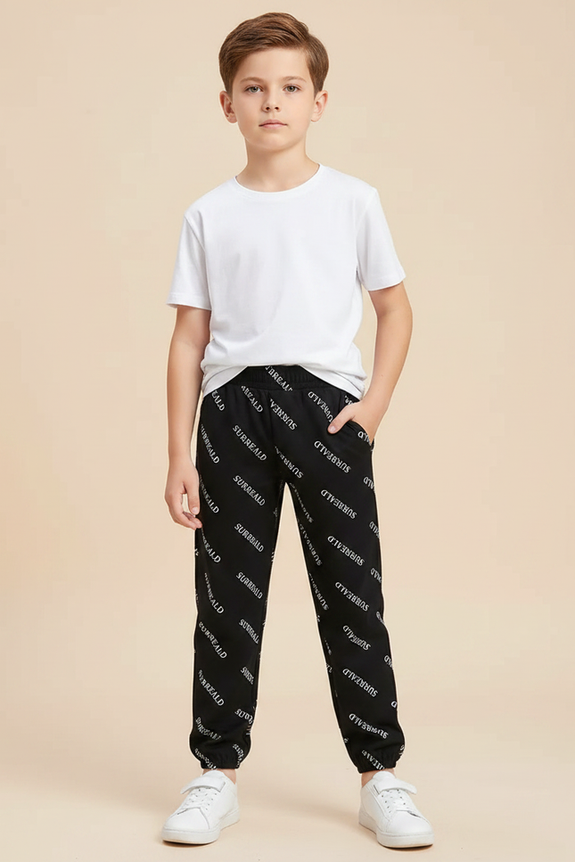 Pantalon Noir Imprimé Lettres Garçon Jogger Décontracté - Molleton