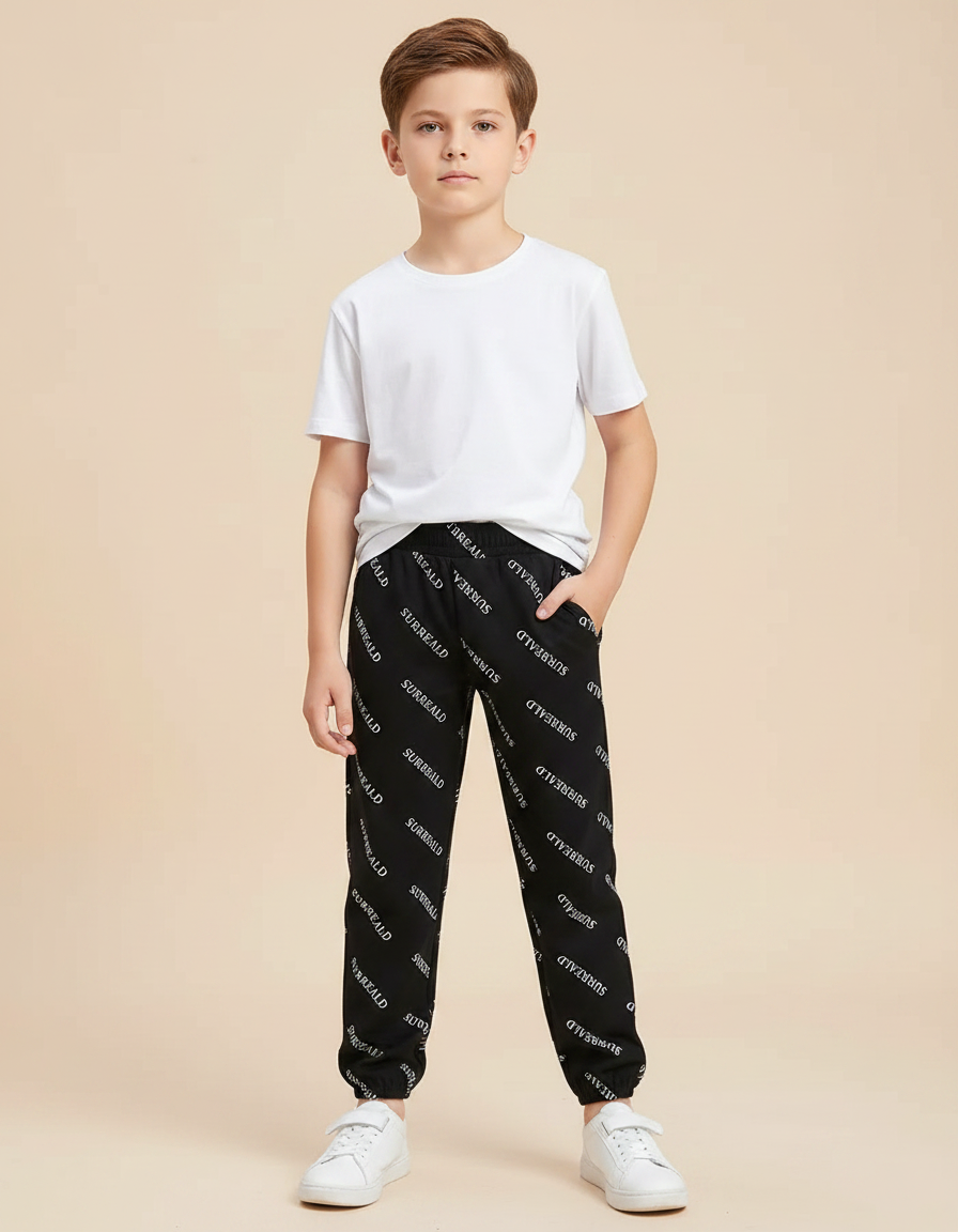 Pantalon Noir Imprimé Lettres Garçon Jogger Décontracté - Molleton