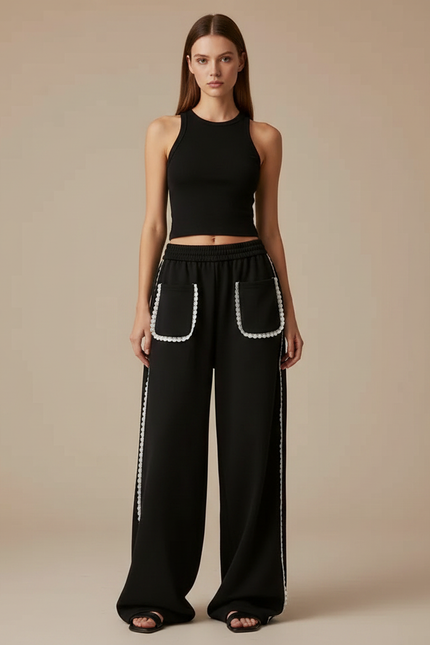 Pantalon Noir Ample Dentelle Décontracté Femme - Molleton