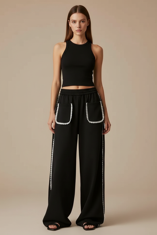 Pantalon Noir Ample Dentelle Décontracté Femme - Molleton