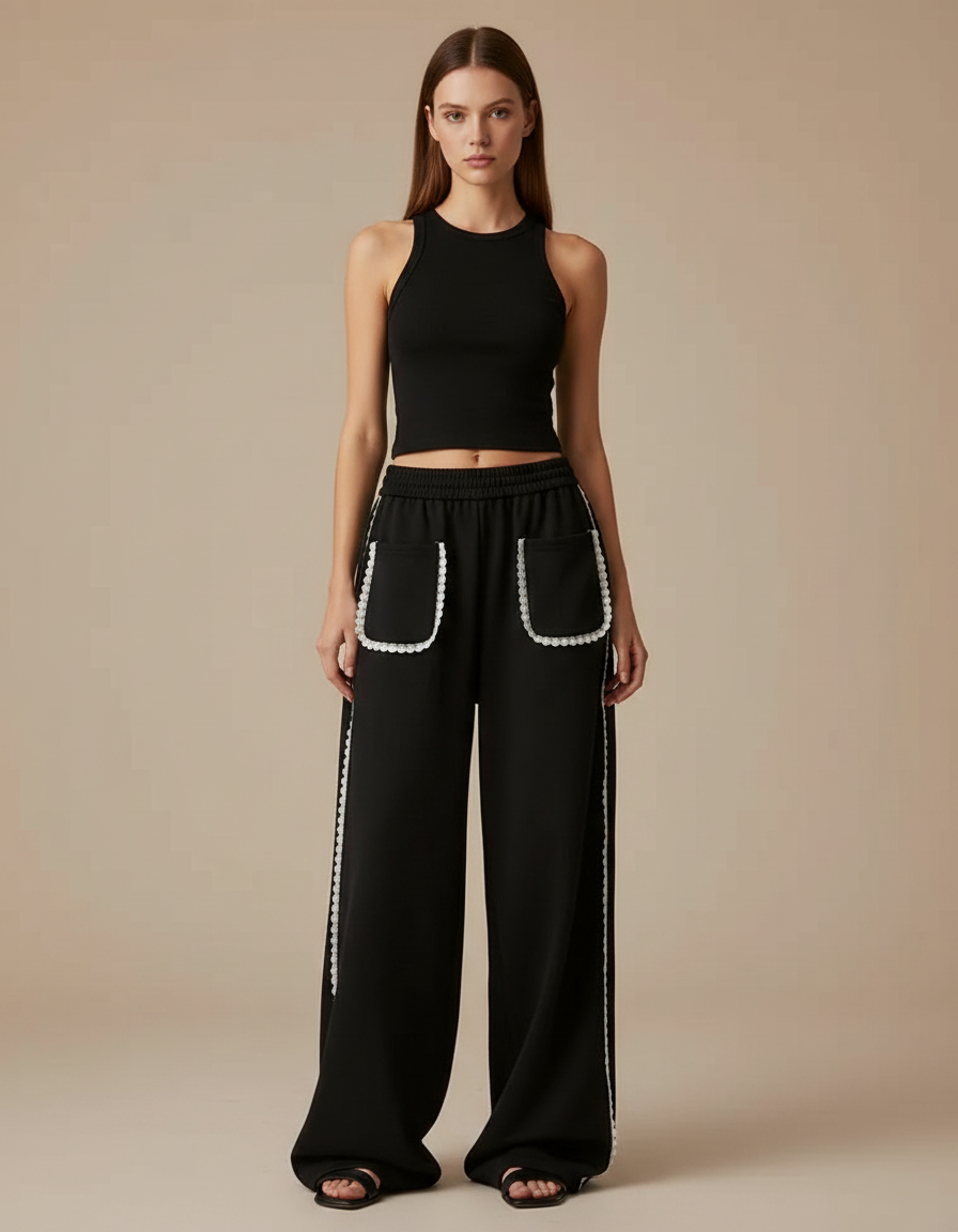 Pantalon Noir Ample Dentelle Décontracté Femme - Molleton