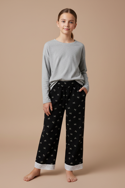 Pantalon Noir Côtelé Ample Nœuds Dentelle Fille - Cordé