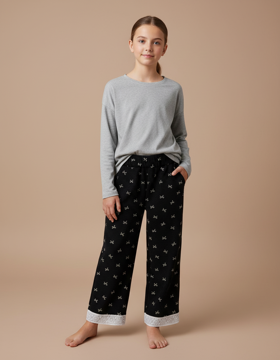 Pantalon Noir Côtelé Ample Nœuds Dentelle Fille - Cordé