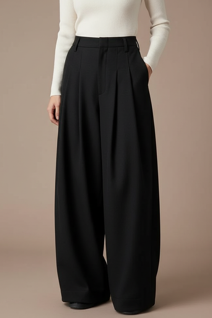 Pantalon Noir Plissé Ample Taille Haute Femme - Polyester