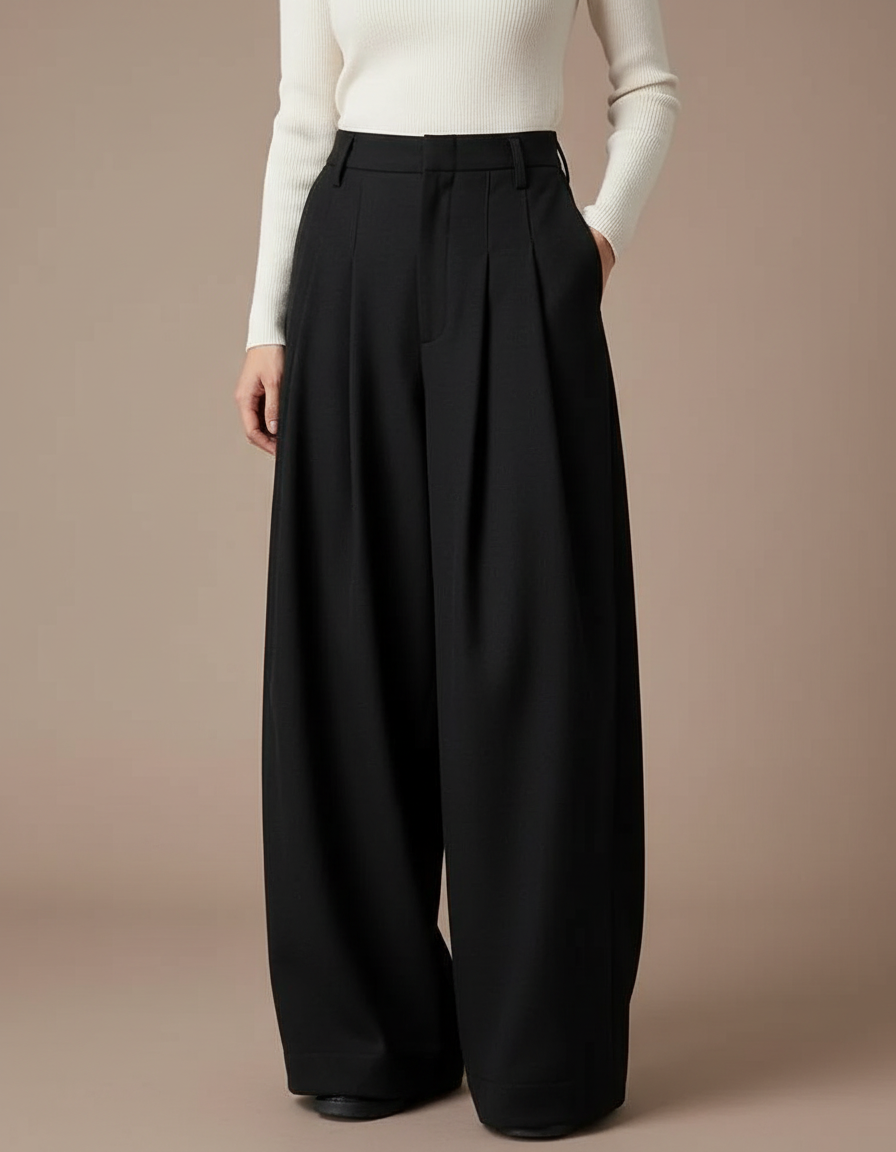 Pantalon Noir Plissé Ample Taille Haute Femme - Polyester