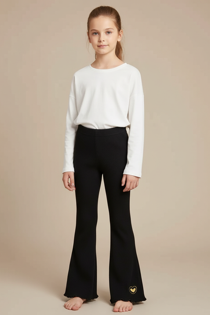Pantalon Noir Côtelé Évasé Brodé Confortable Fille - Cordé