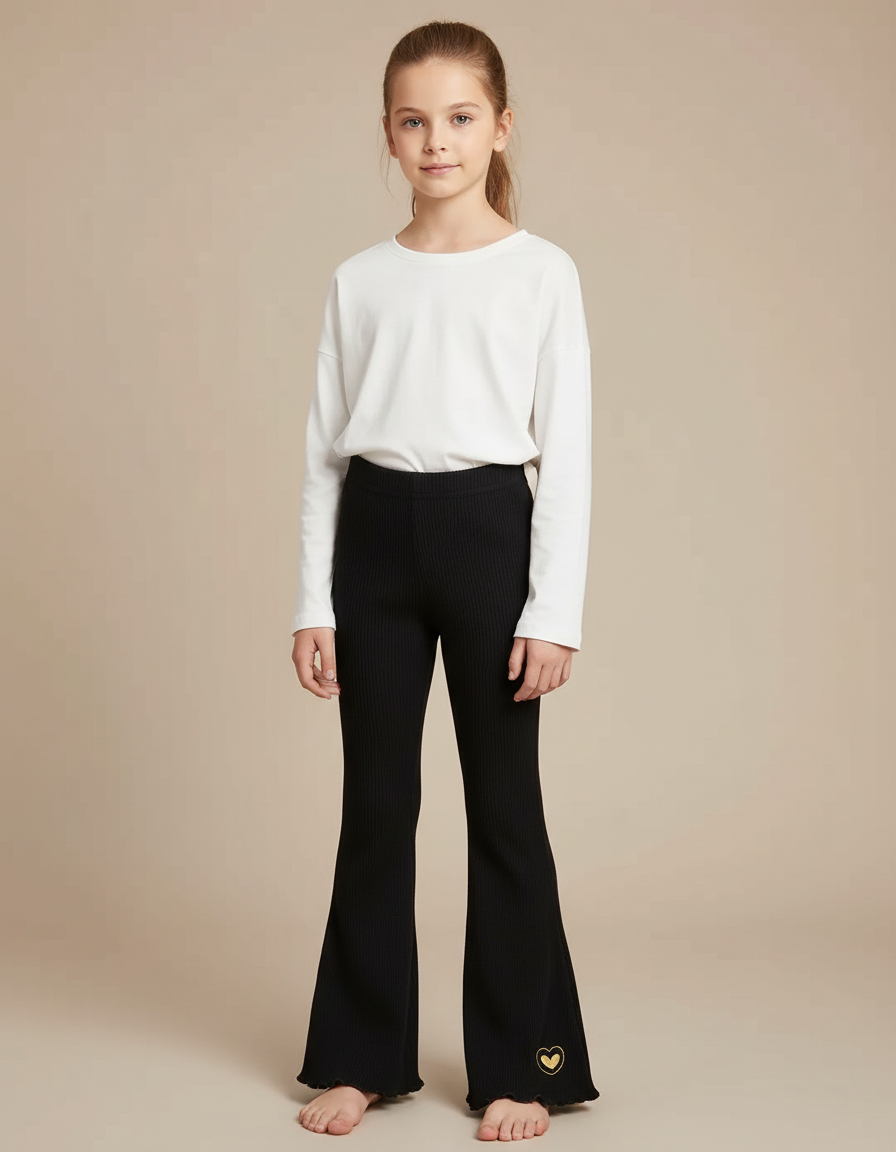 Pantalon Noir Côtelé Évasé Brodé Confortable Fille - Cordé
