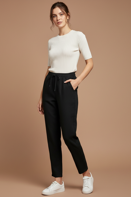 Pantalon Noir Fluide Cordon Décontracté Femme - Polyester