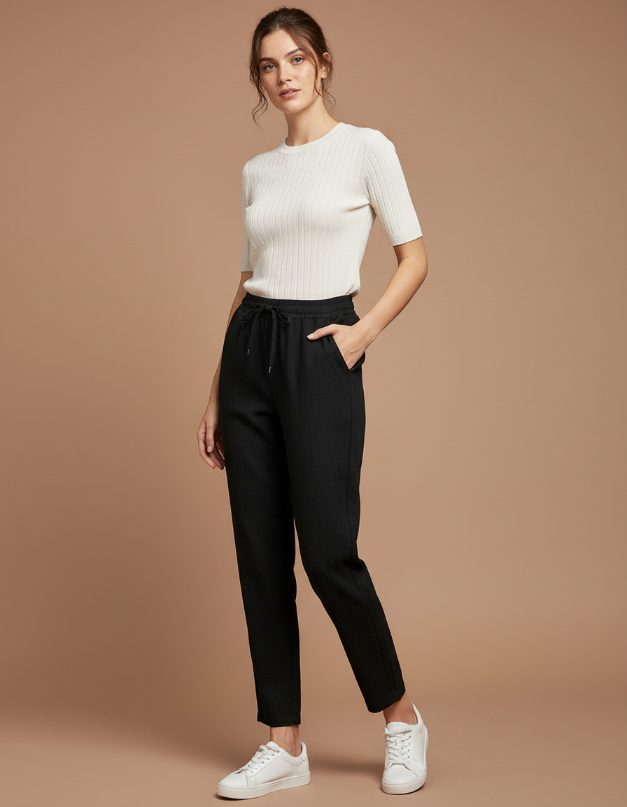 Pantalon Noir Fluide Cordon Décontracté Femme - Polyester