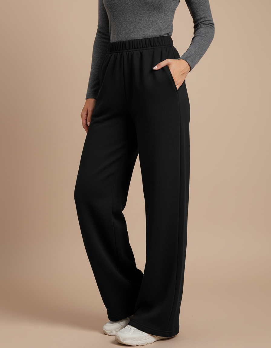 Pantalon Noir Ample Décontracté Taille Haute Femme - Molleton