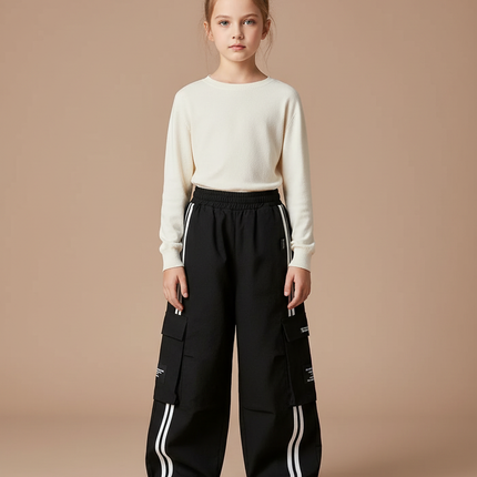 Pantalon Noir Cargo Ample Rayures Enfant - Toile