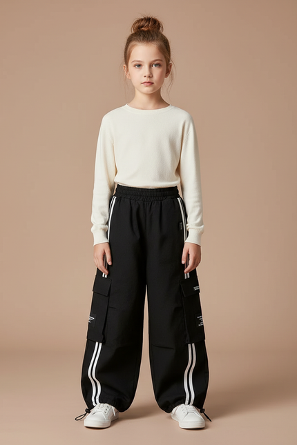 Pantalon Noir Cargo Ample Rayures Enfant - Toile