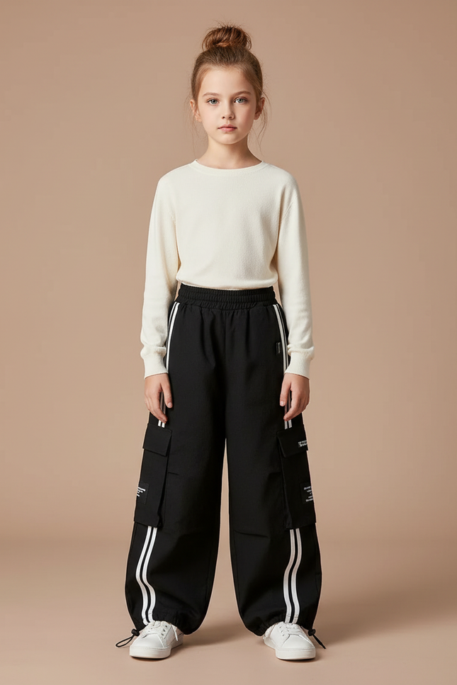 Pantalon Noir Cargo Ample Rayures Enfant - Toile