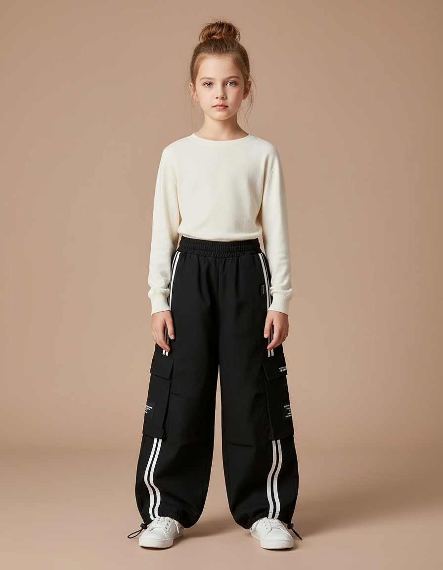 Pantalon Noir Cargo Ample Rayures Enfant - Toile