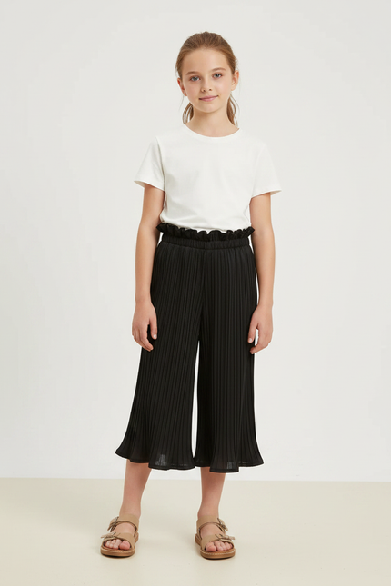Pantalon Noir Plissé Ample Fille Cheville - Polyester