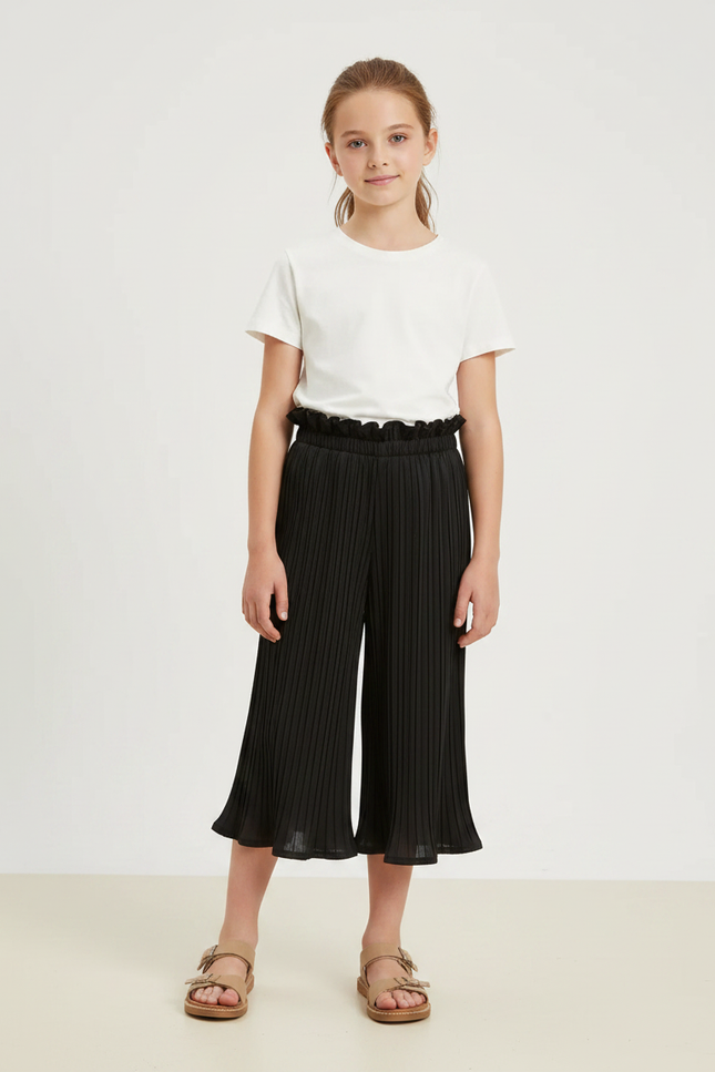 Pantalon Noir Plissé Ample Fille Cheville - Polyester