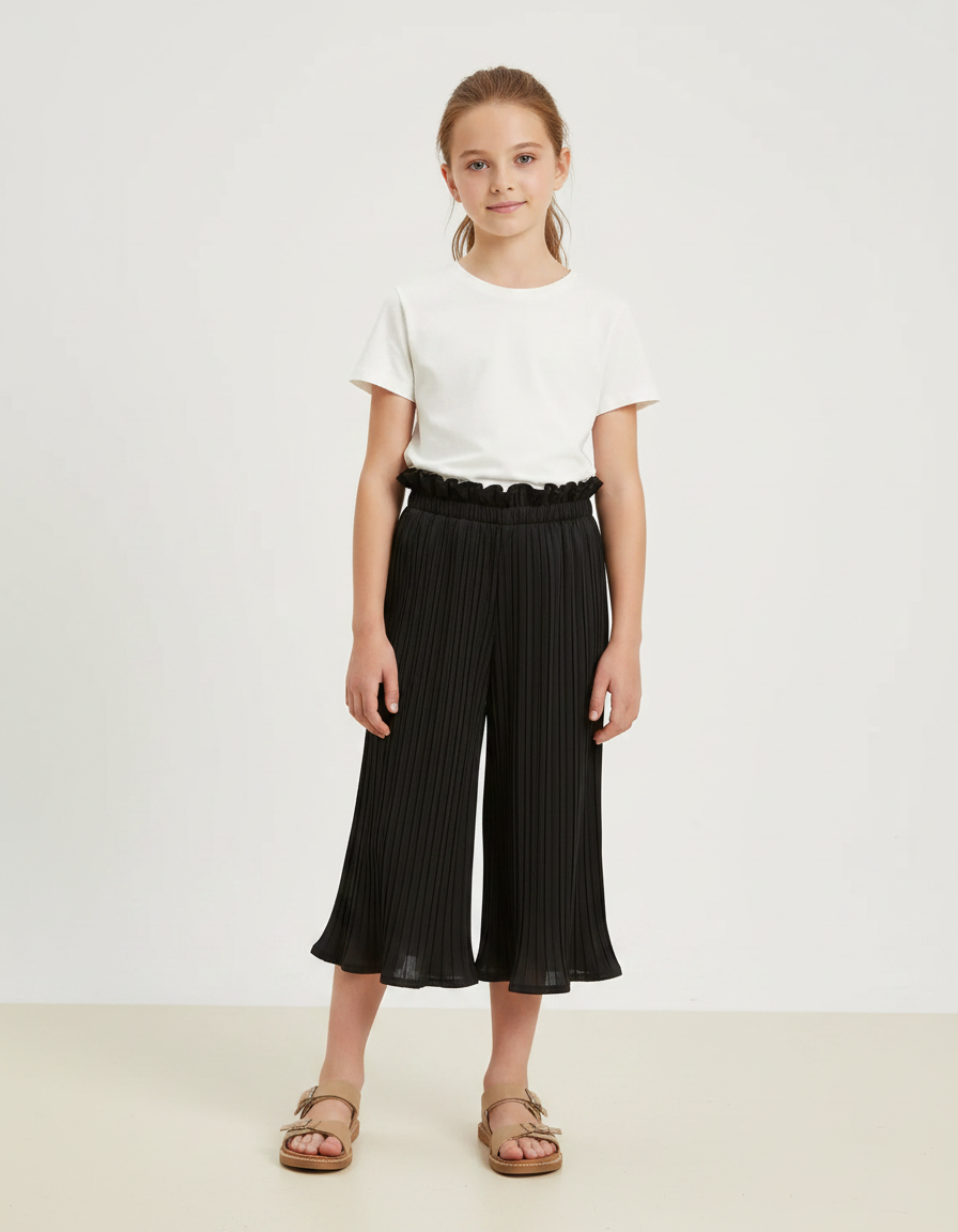 Pantalon Noir Plissé Ample Fille Cheville - Polyester