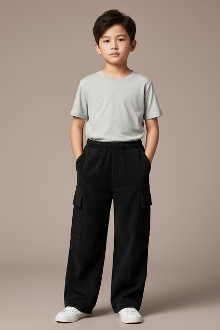 Pantalon Noir Côtelé Ample Décontracté Enfant Poches - Cordé