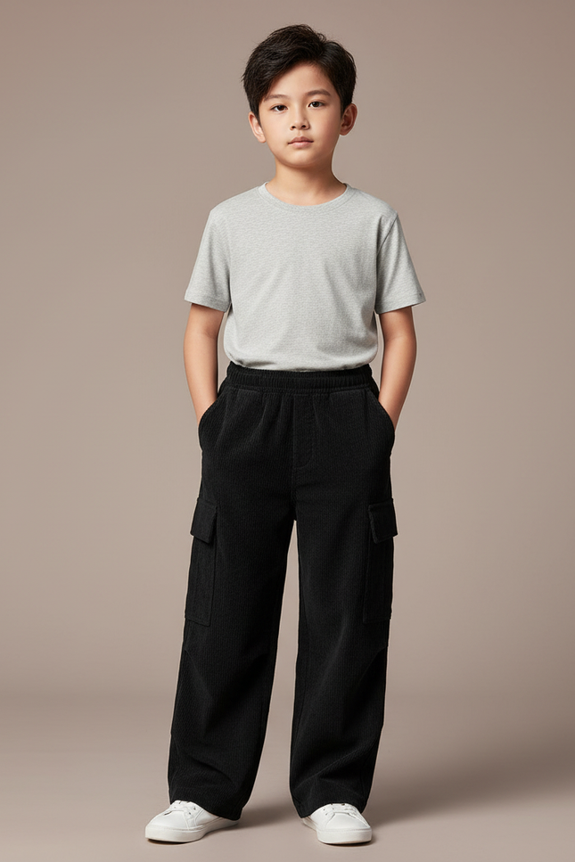 Pantalon Noir Côtelé Ample Décontracté Enfant Poches - Cordé