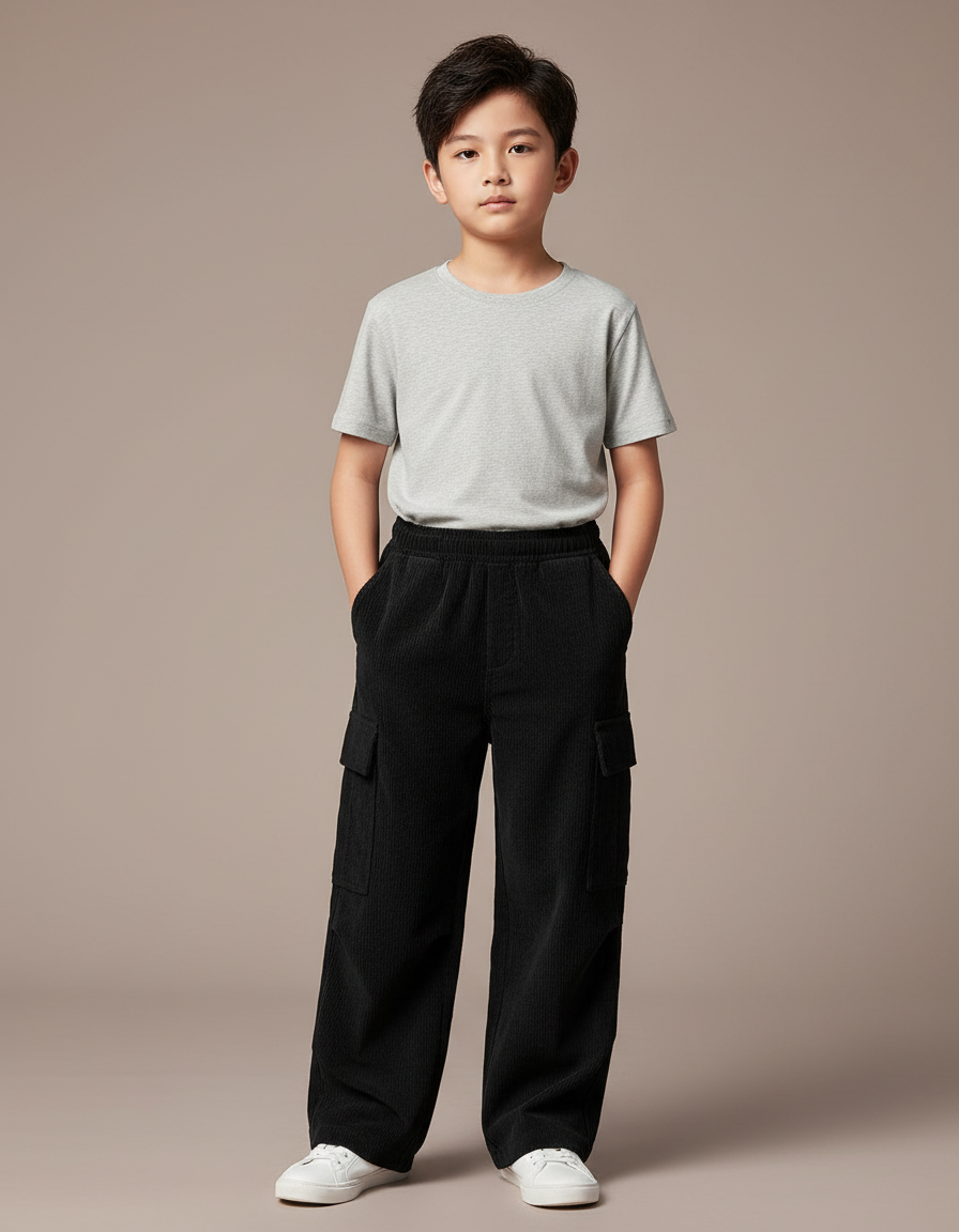 Pantalon Noir Côtelé Ample Décontracté Enfant Poches - Cordé