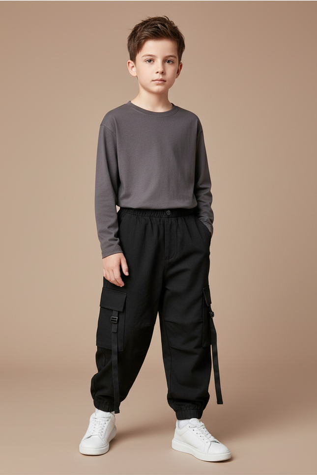 Pantalon Noir Cargo Garçon Décontracté Streetwear Ample - Polyester