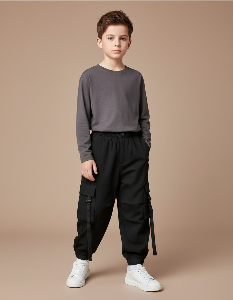 Pantalon Noir Cargo Garçon Décontracté Streetwear Ample - Polyester