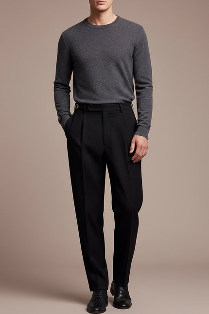 Pantalon Noir Plissé Droit Élégant Homme - Gabardine
