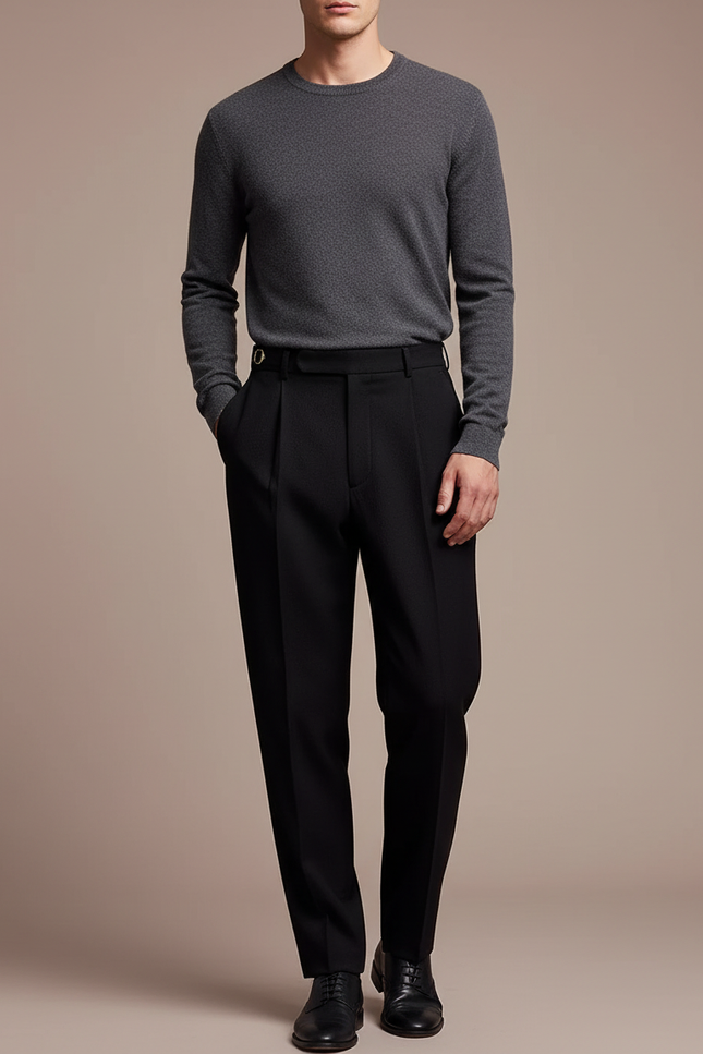 Pantalon Noir Plissé Droit Élégant Homme - Gabardine