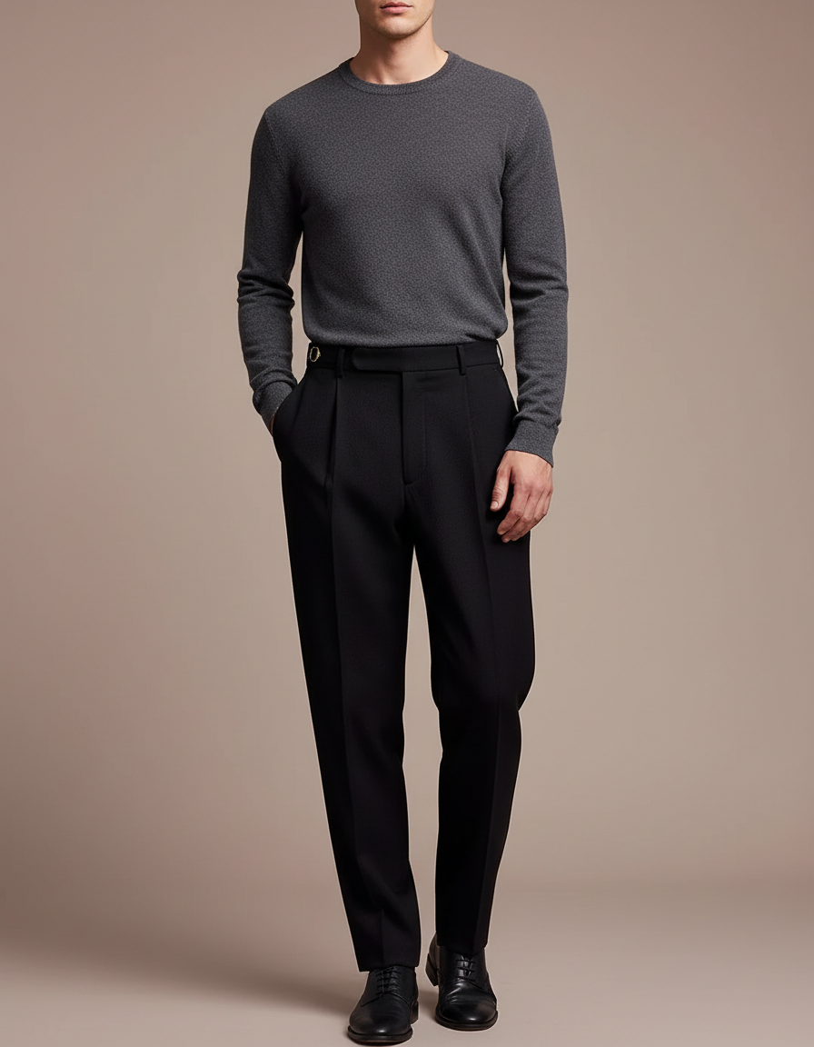 Pantalon Noir Plissé Droit Élégant Homme - Gabardine