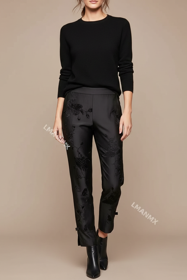 Pantalon Noir Brodé Floral Élégant Slim Cheville Femme - Satin