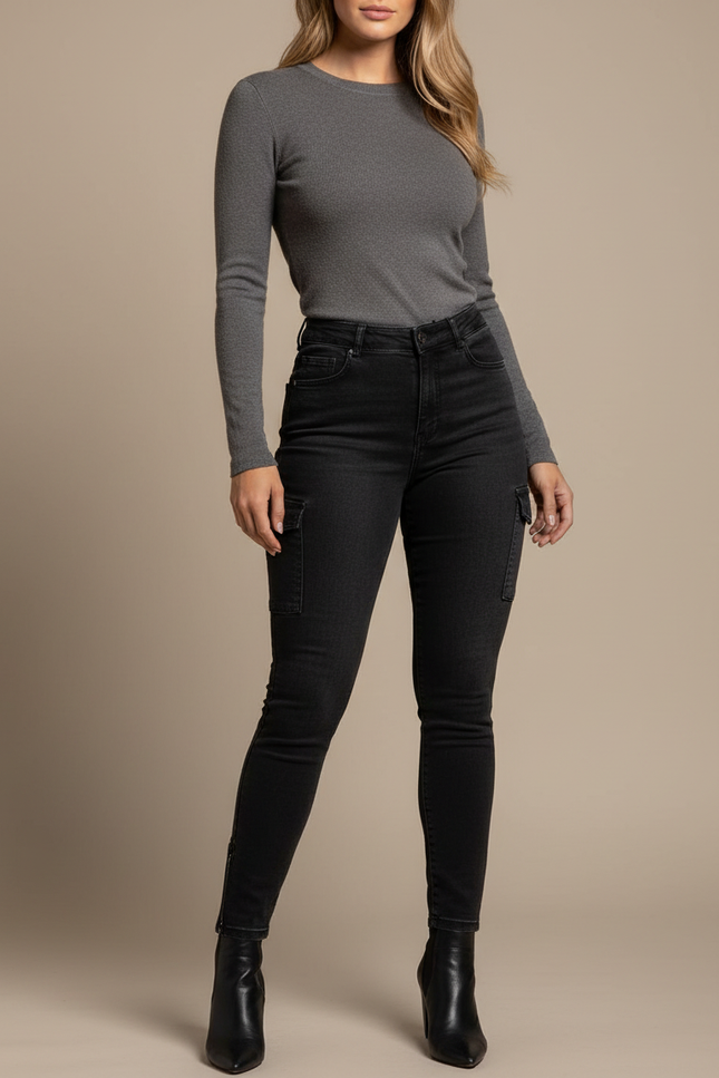 Pantalon Noir Cargo Skinny Taille Haute Femme - Jean