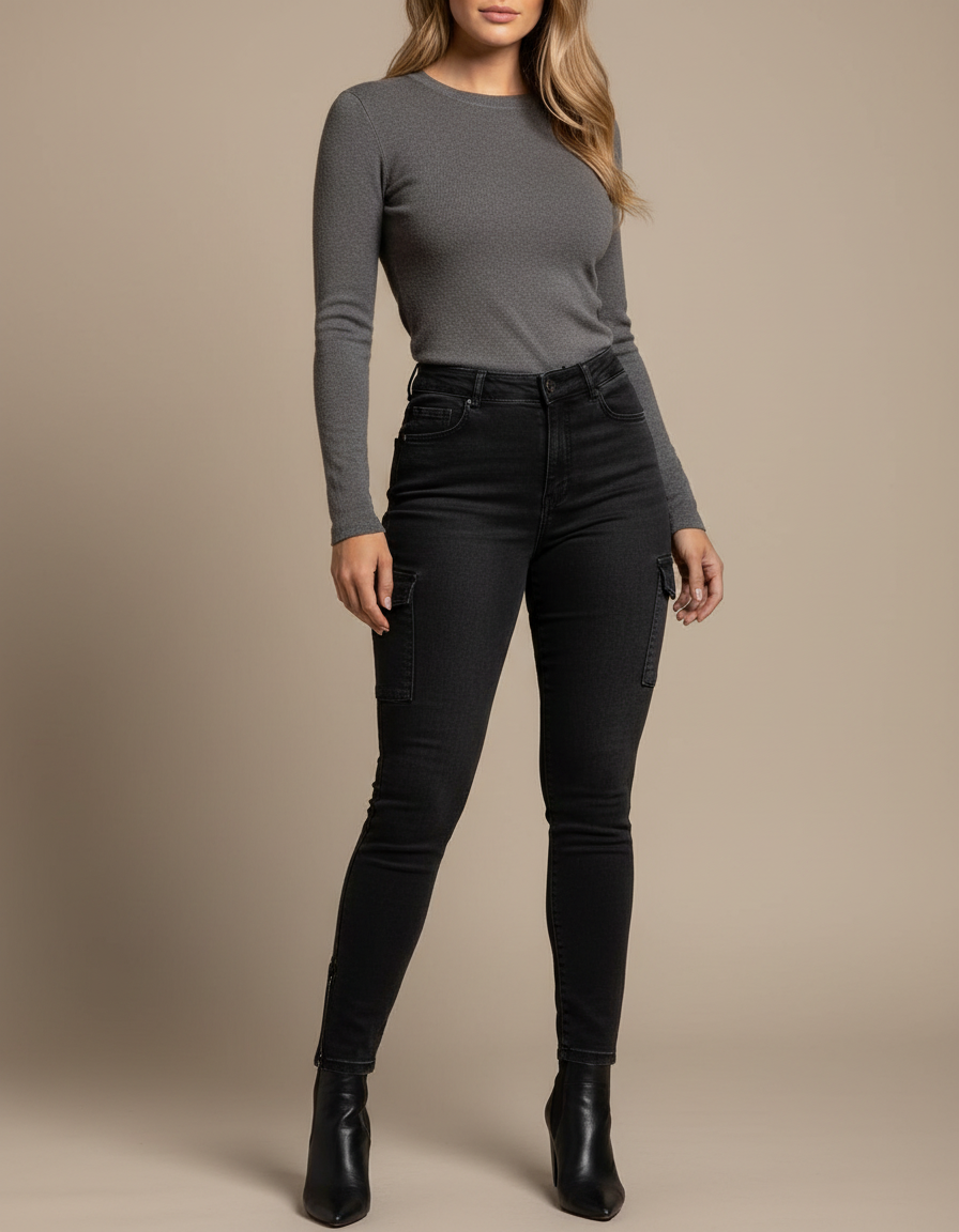 Pantalon Noir Cargo Skinny Taille Haute Femme - Jean