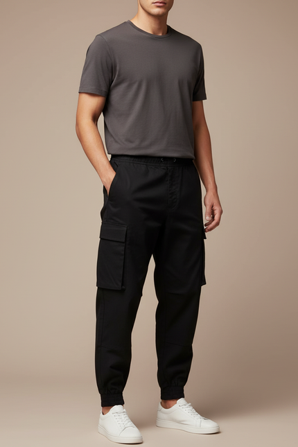 Pantalon Noir Cargo Cordon Ajusté Homme - Polyester