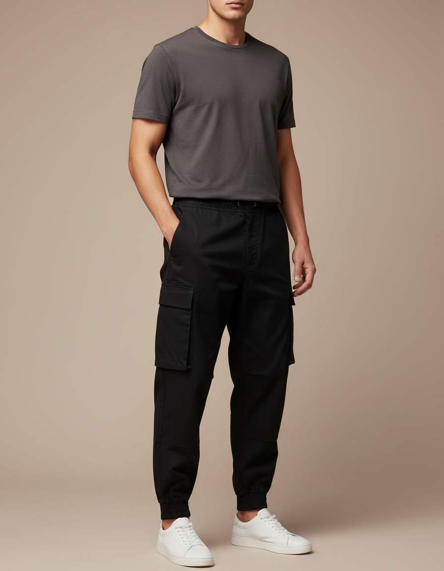 Pantalon Noir Cargo Cordon Ajusté Homme - Polyester