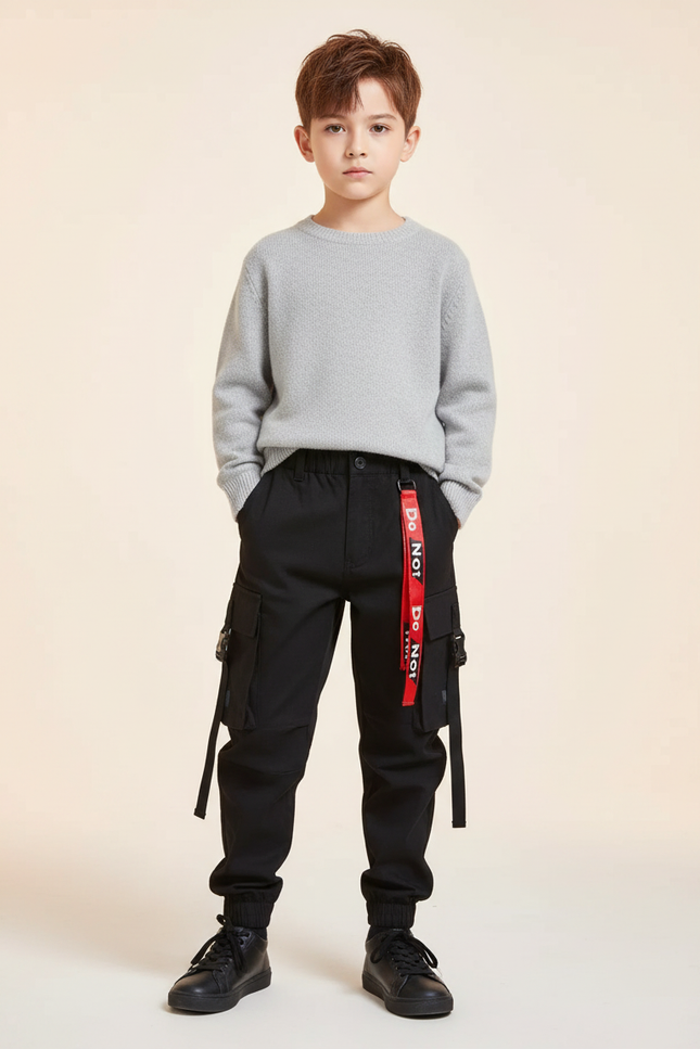 Pantalon Noir Cargo Garçon Ceinture Rouge Streetwear - Toile