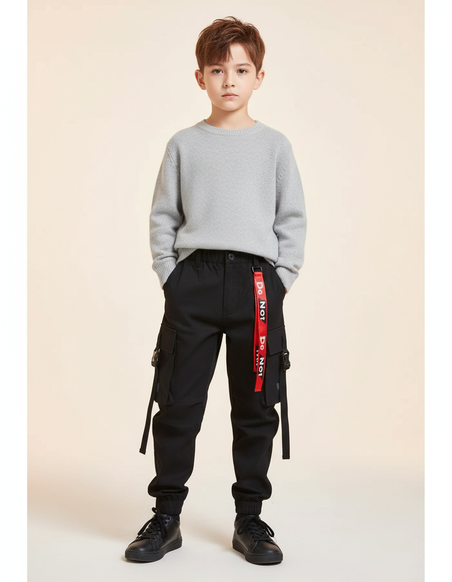 Pantalon Noir Cargo Garçon Ceinture Rouge Streetwear - Toile