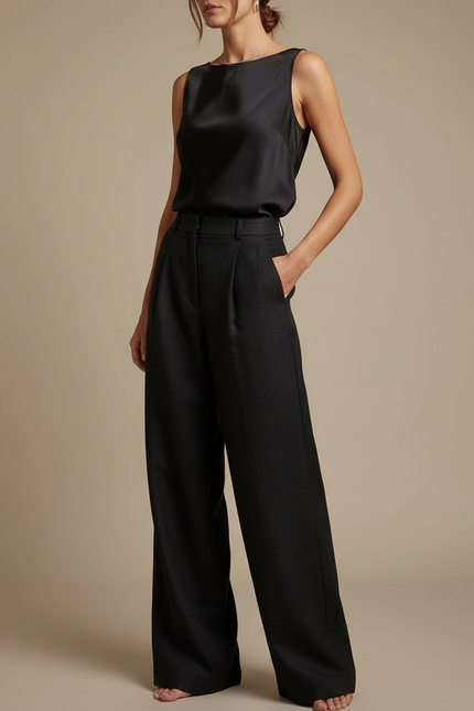 Pantalon Noir Large Taille Haute Fluide Chic - Lin