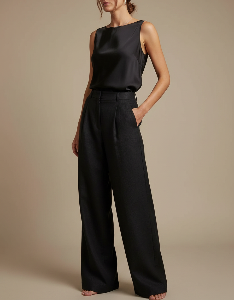 Pantalon Noir Large Taille Haute Fluide Chic - Lin