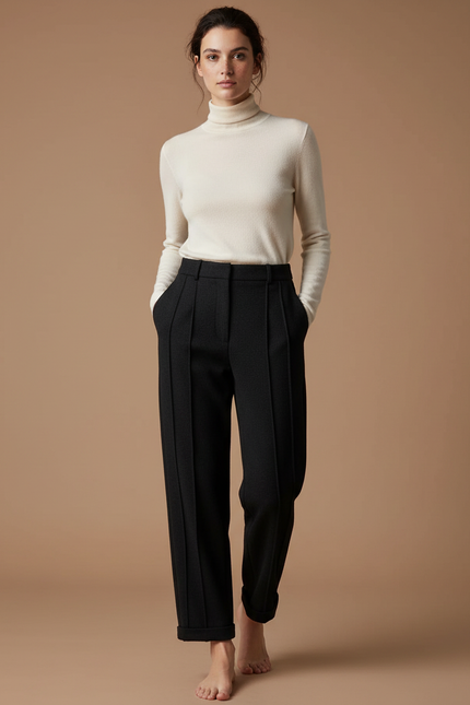 Pantalon Noir Plissé Droit Élégant Décontracté Femme - Laine