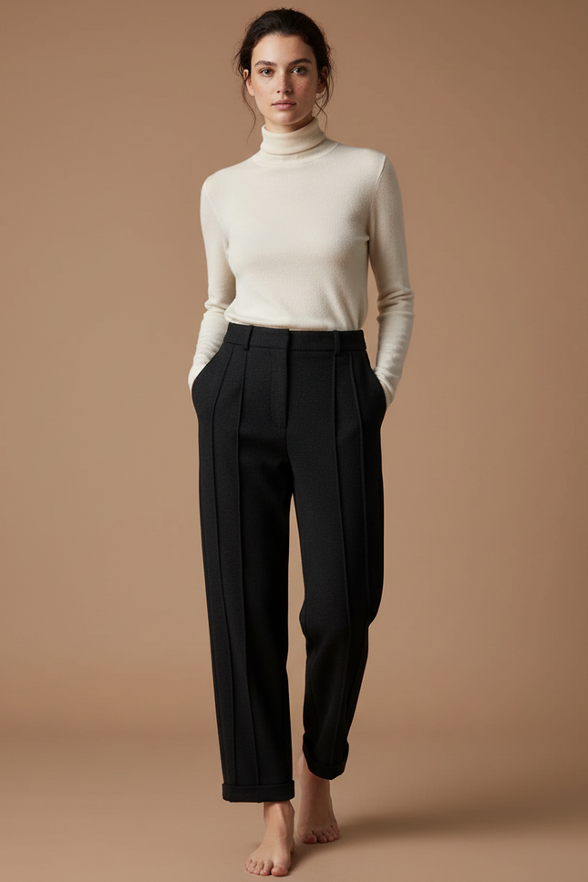 Pantalon Noir Plissé Droit Élégant Décontracté Femme - Laine
