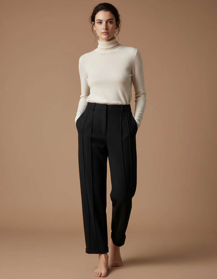 Pantalon Noir Plissé Droit Élégant Décontracté Femme - Laine