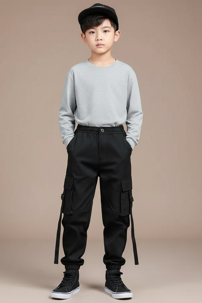 Pantalon Noir Cargo Streetwear Garçon Poches - Toile